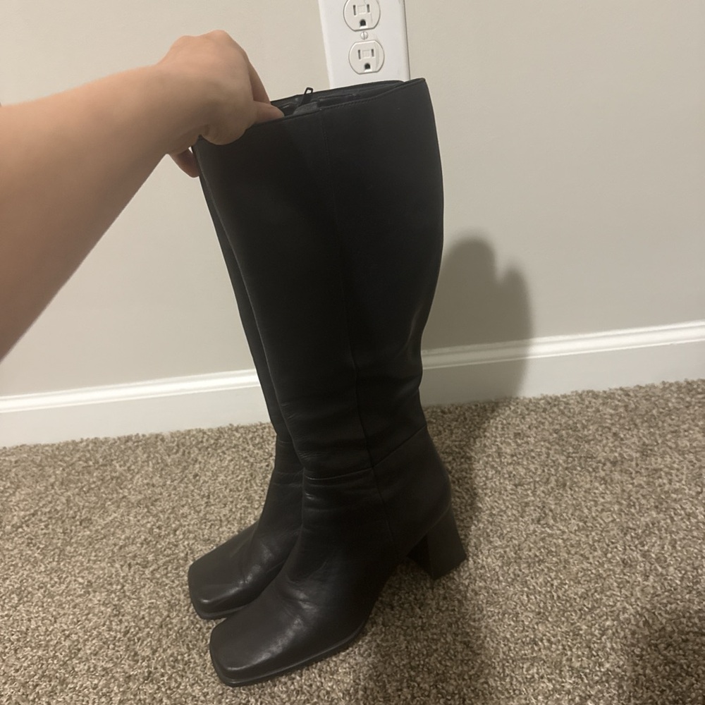 Leather square toe Black Knee-High Women's Boots